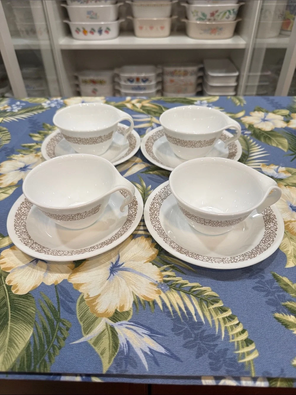 Corelle set of four cups and saucers Woodland design.